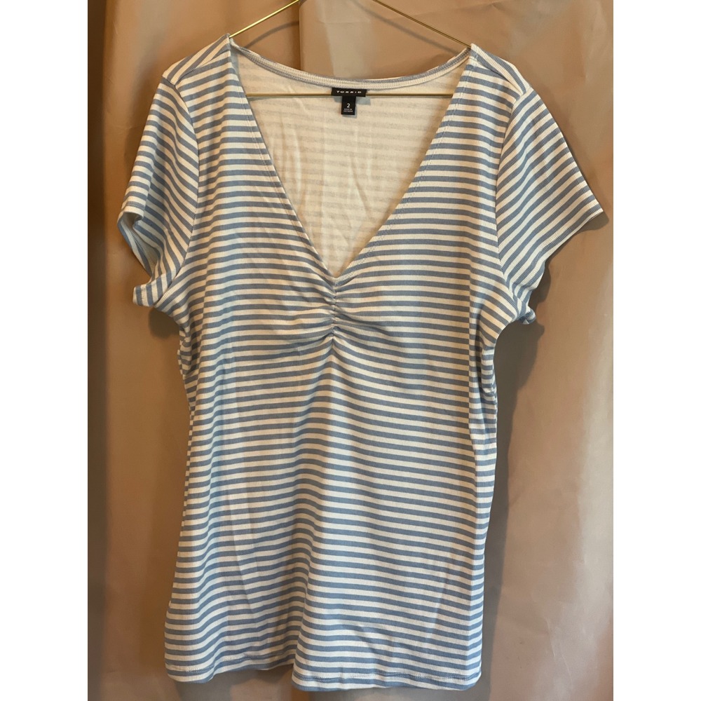 Torrid Womens Size 2 Blue White Striped Ruched V-Neck Ribbed  T-Shirt